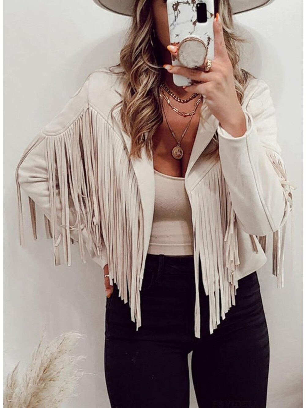 Women's Beige Leather Trendy Western Fringe Cropped Tassel Motorcycle Jackets - Picture 2 of 5